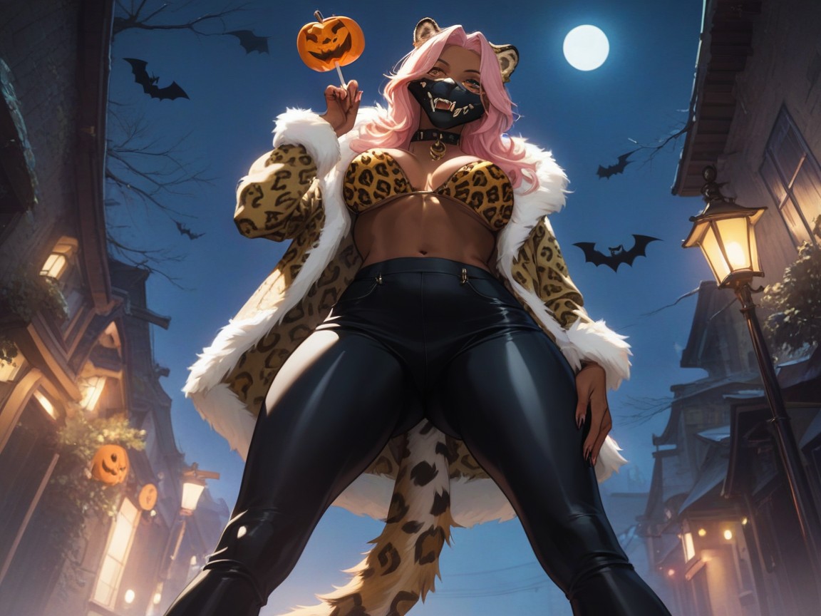 Dark Skin Brown, Leopard Print Ears, Black Yoga Pants Hentai AI Porn