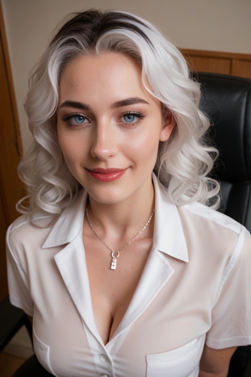 Blue Eyes, White Hair Streak, Glossy Latex Business Clothing Shemale AI Porn