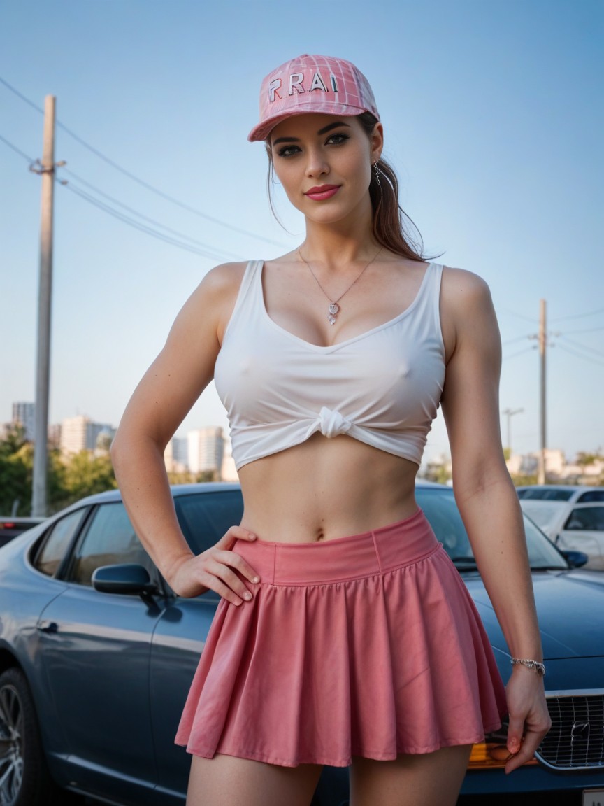 Woman, White Top Tied At Waist, Blue Sky AI Porn