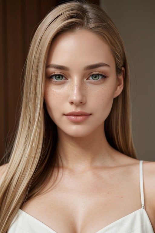 An Woman With Long, Elongated Eyes With A Gentle, Straight Blonde Hair Parted Slightly In The Middle She Has A Round Face And Slightly Asian AI Porn