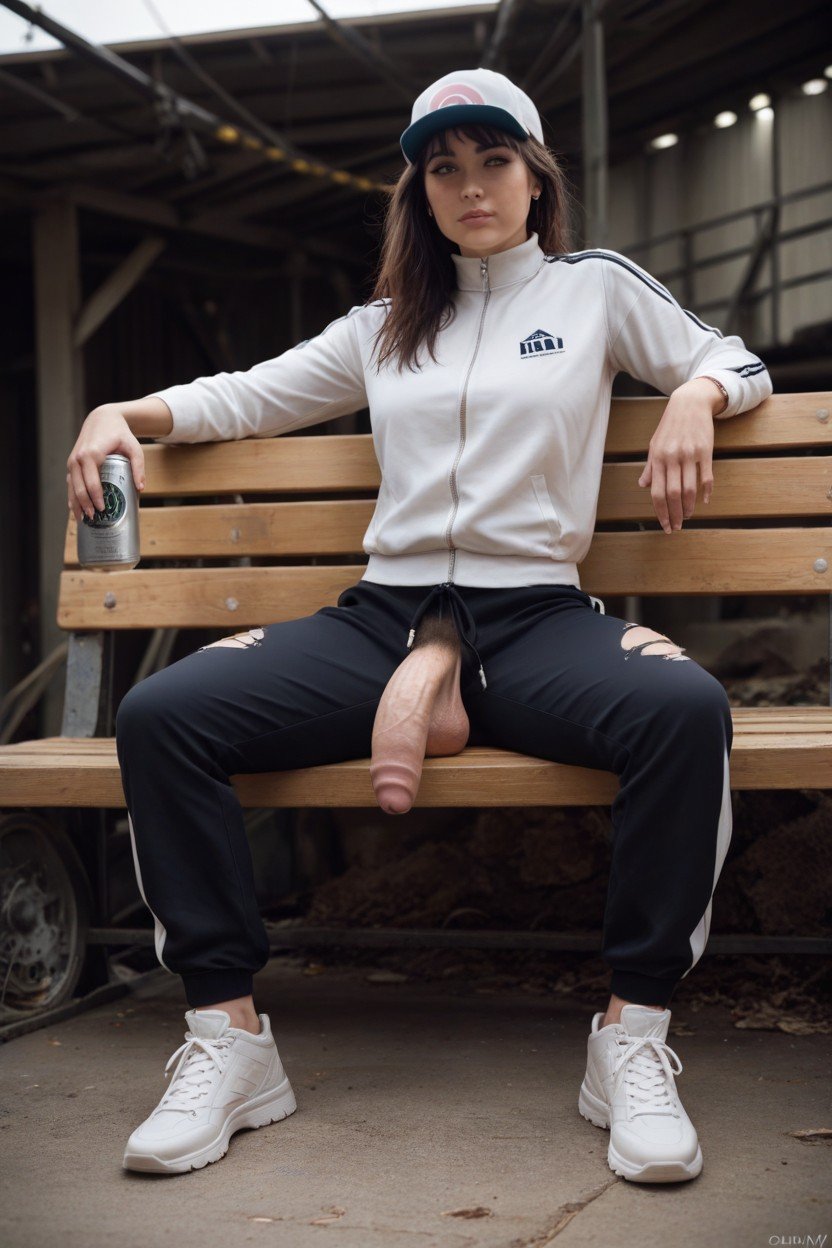 Sneakers, Ripped Oversize Plastic Sweatpants, AmanecerPorno IA de transexuales