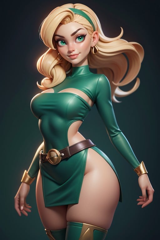 Green Evening Gloves, Gold Belt, 3d (cartoon) AI Porn