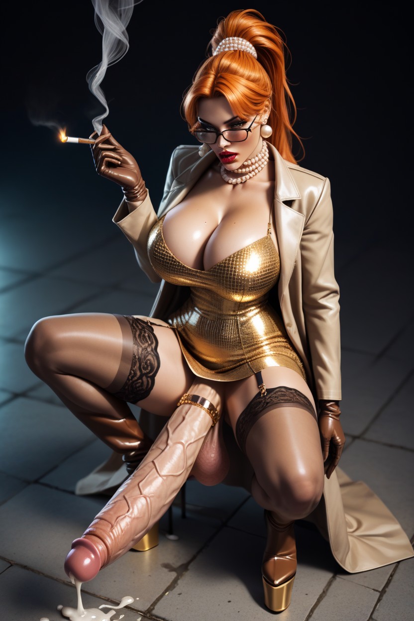 Fat, Gold Dress, Open Leather Trench-coat Shemale AI Porn