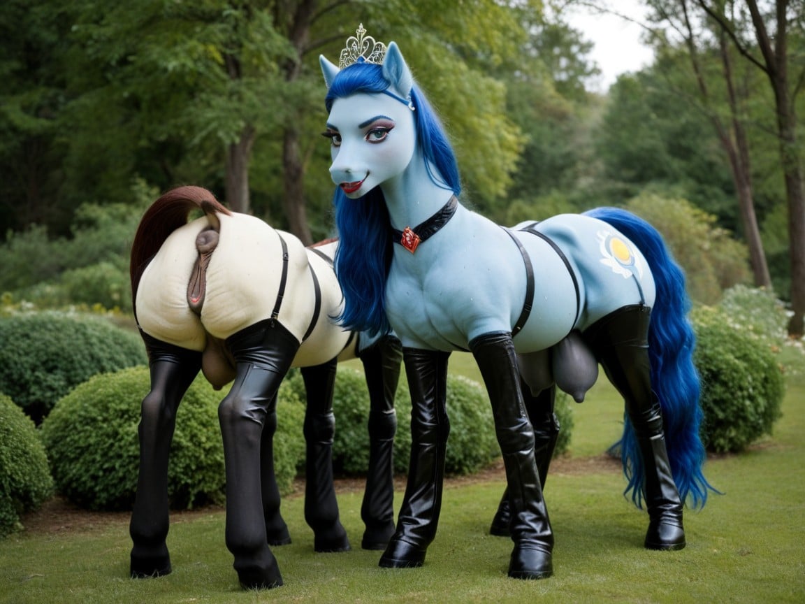 Nervoso, Ponies With Prominent Hyper Giant Teats, Ponies Wearing Queen Cosplay Pornografia peluda com IA