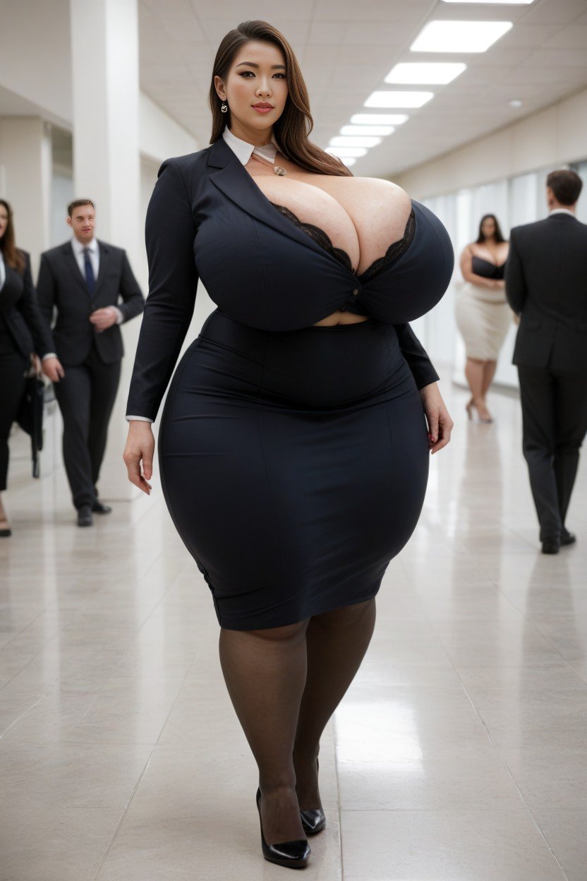 Gigantic Breasts Reaches The Thighs, Black Pantyhose, Huge Bulge On Skirt쉬메일 AI 포르노