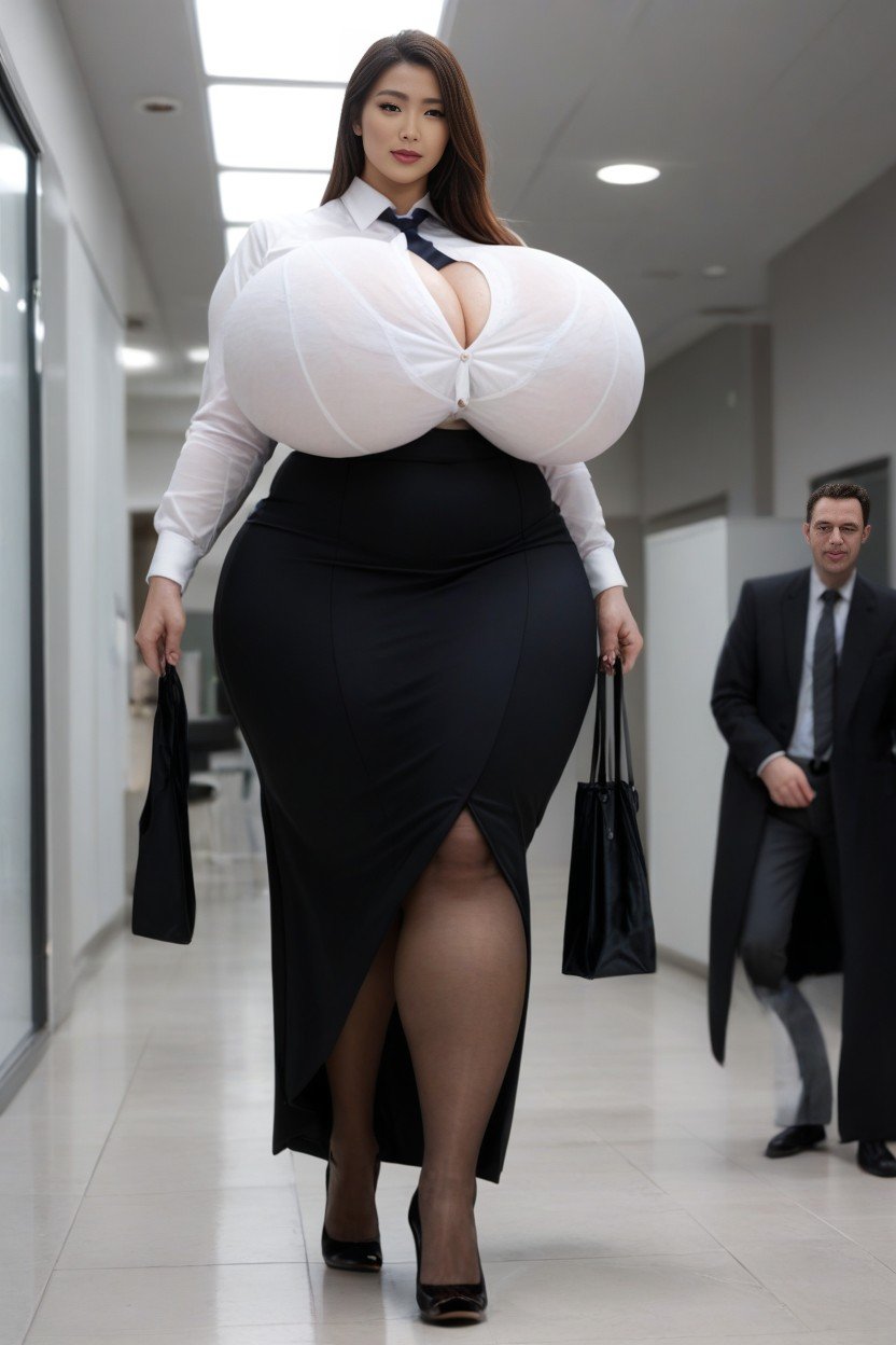 Giant Insane Massive Gigantic Breasts, Front View, Walking Down The Office Furry AI Porn