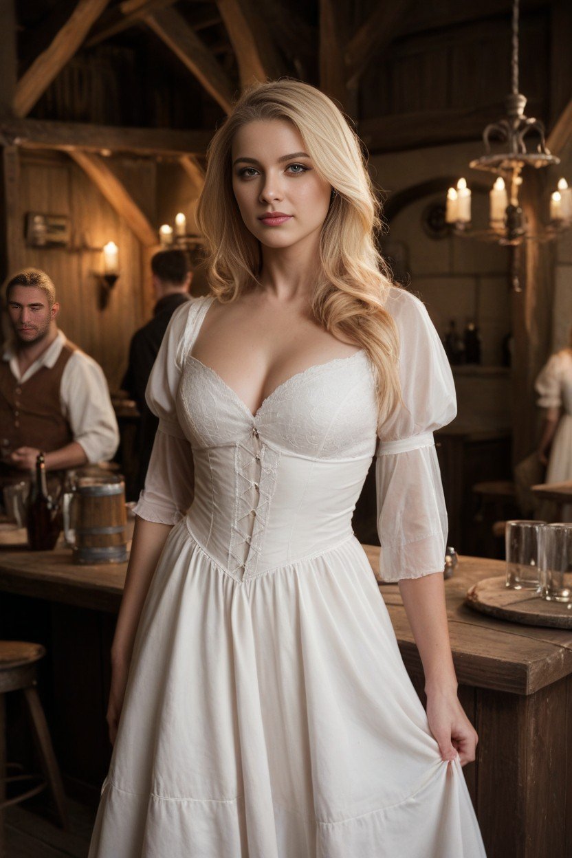 Blonde Woman In Sheer White Dress Serving Beer At A Medieval Tavern Sheer White Dress, 18+, Scandinavian Shemale AI Porn