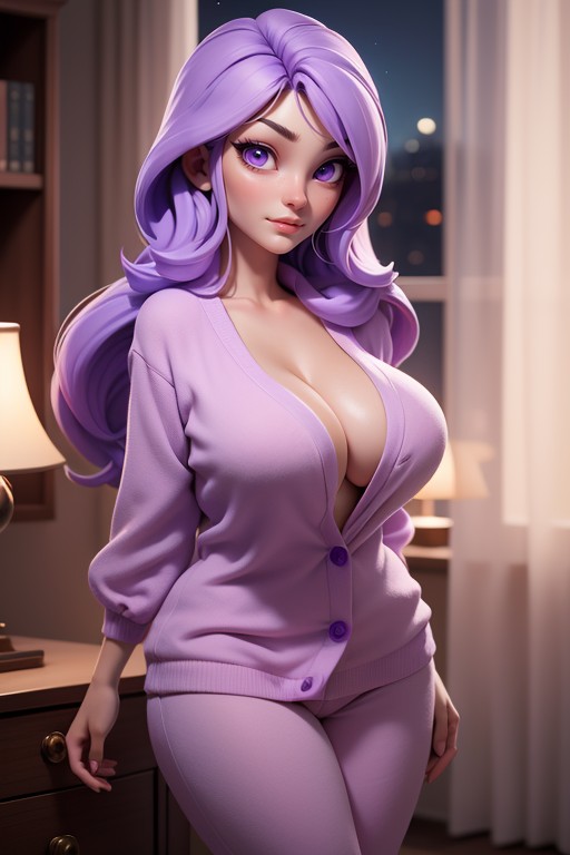 Dimly Lit Room, Long Purple Hair, Normal Quality Hentai AI Porn