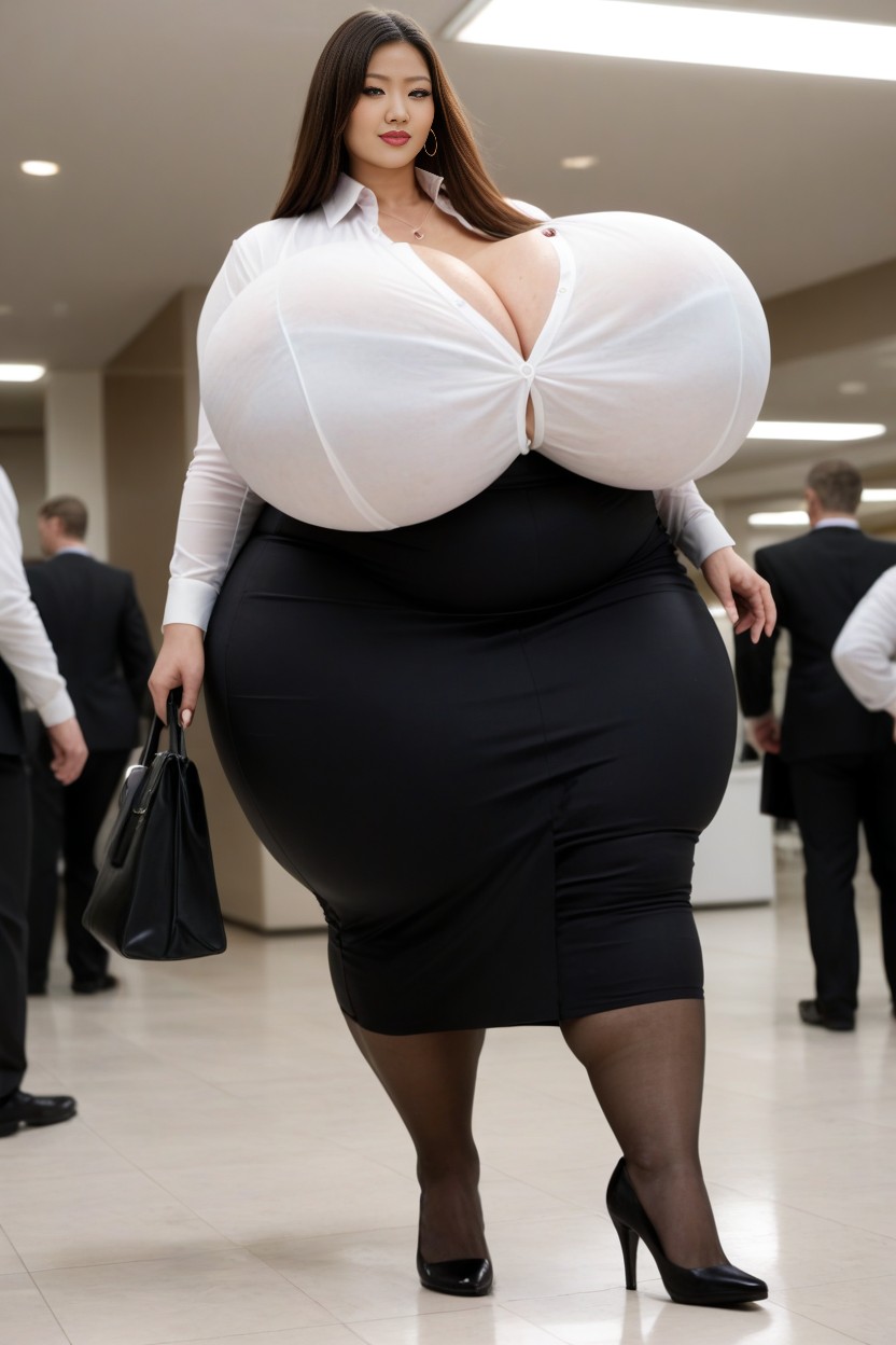 Less Skin Exposure, Gigantic Saggy Breasts In Clothes, Looking At Viewer AI Porn