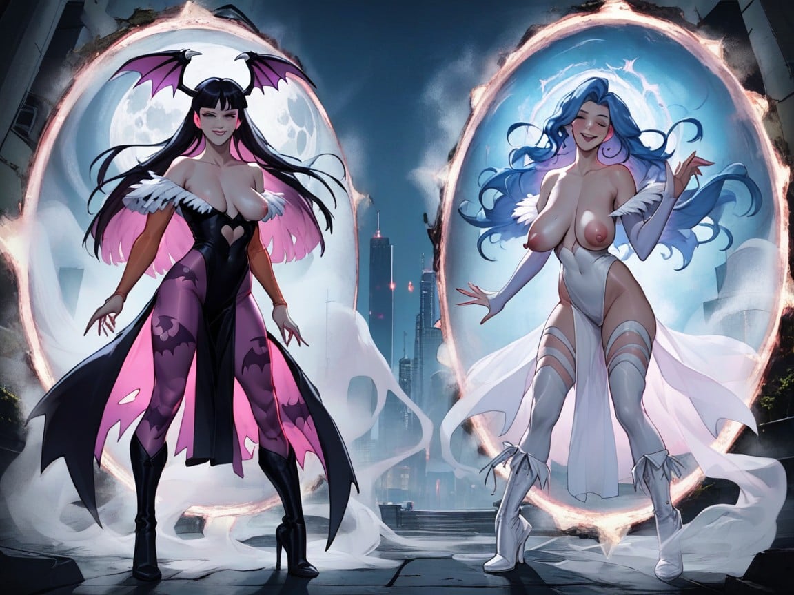 Rounded Bottom Breasts, Full Body, Morrigan Aensland And Felicia Coming Through A Portal AI Porn