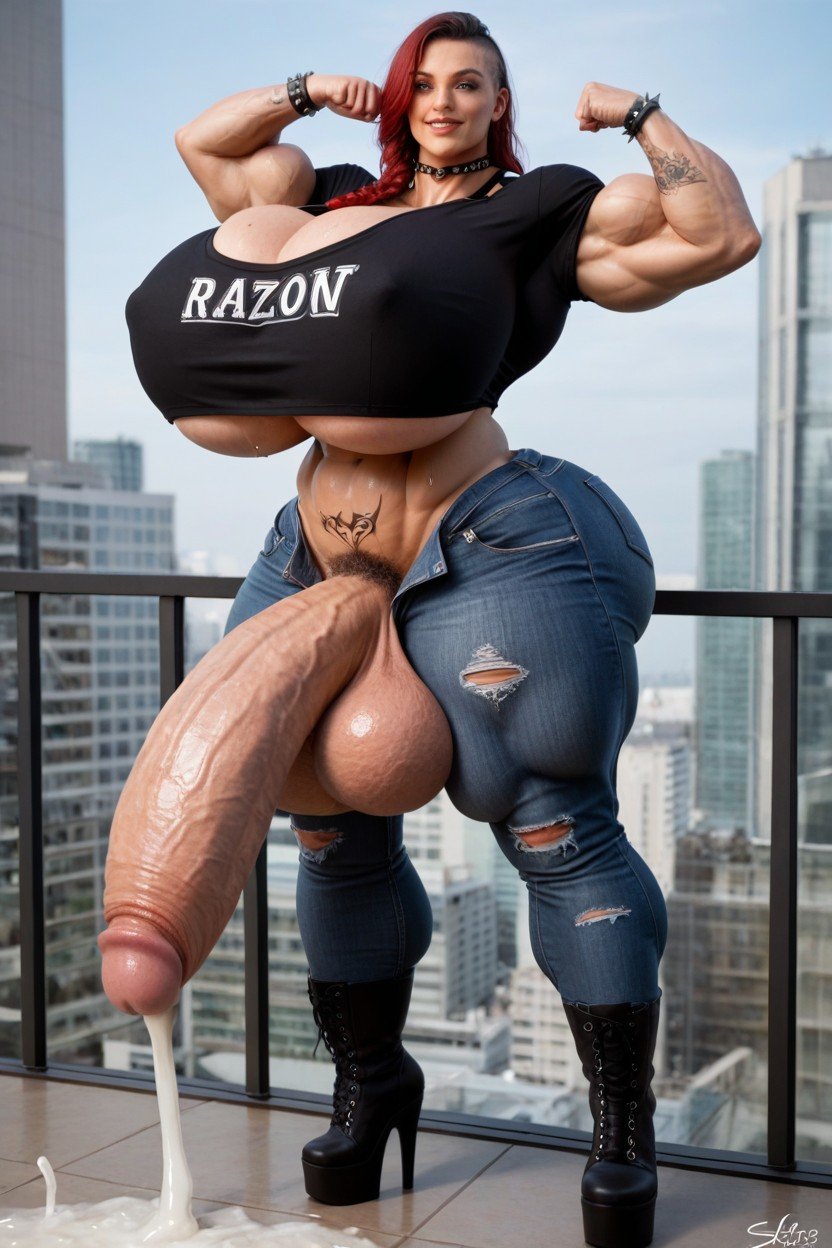 Crotch Tattoo, Balcony, Muscular Shemale AI Porn