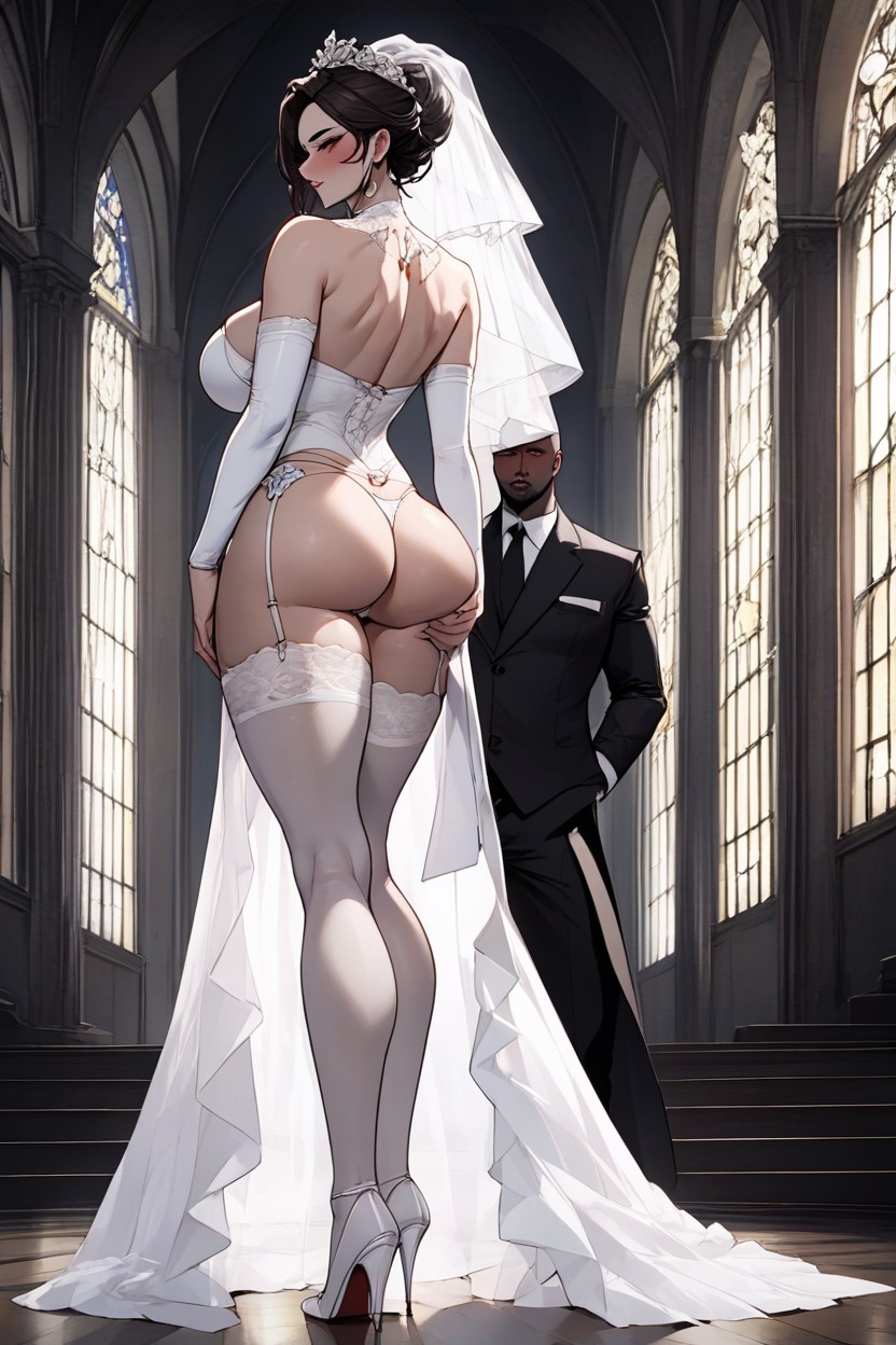 Rear View, Incredibly Beautiful Seductive Blonde Bride, Dark NightファーリーAIポルノ