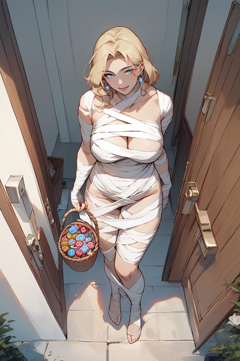 Dollike Skin Blonde Halfling Woman, Big Blue Anime Eyes, Candies In BasketPorno AI