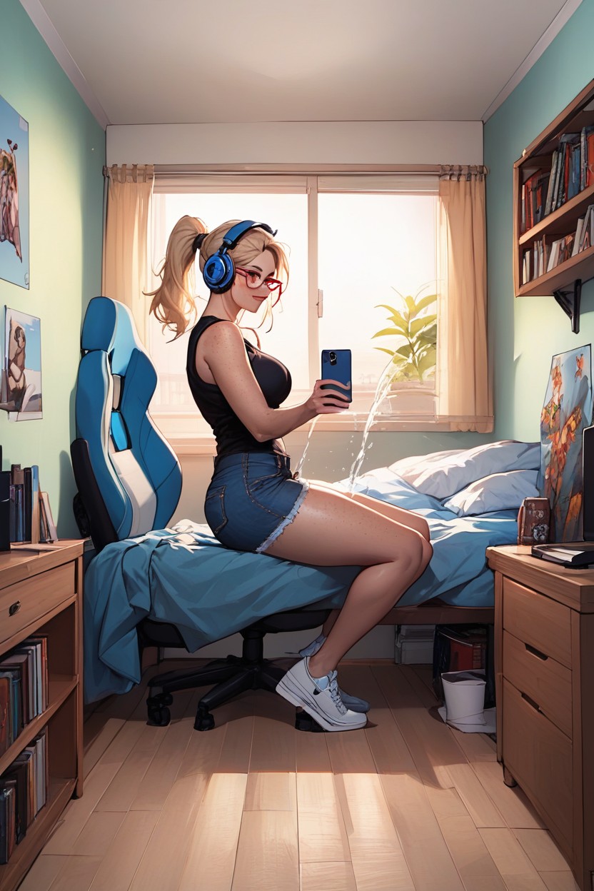 Bookshelf, Bedroom, Squirting Hentai AI Porn