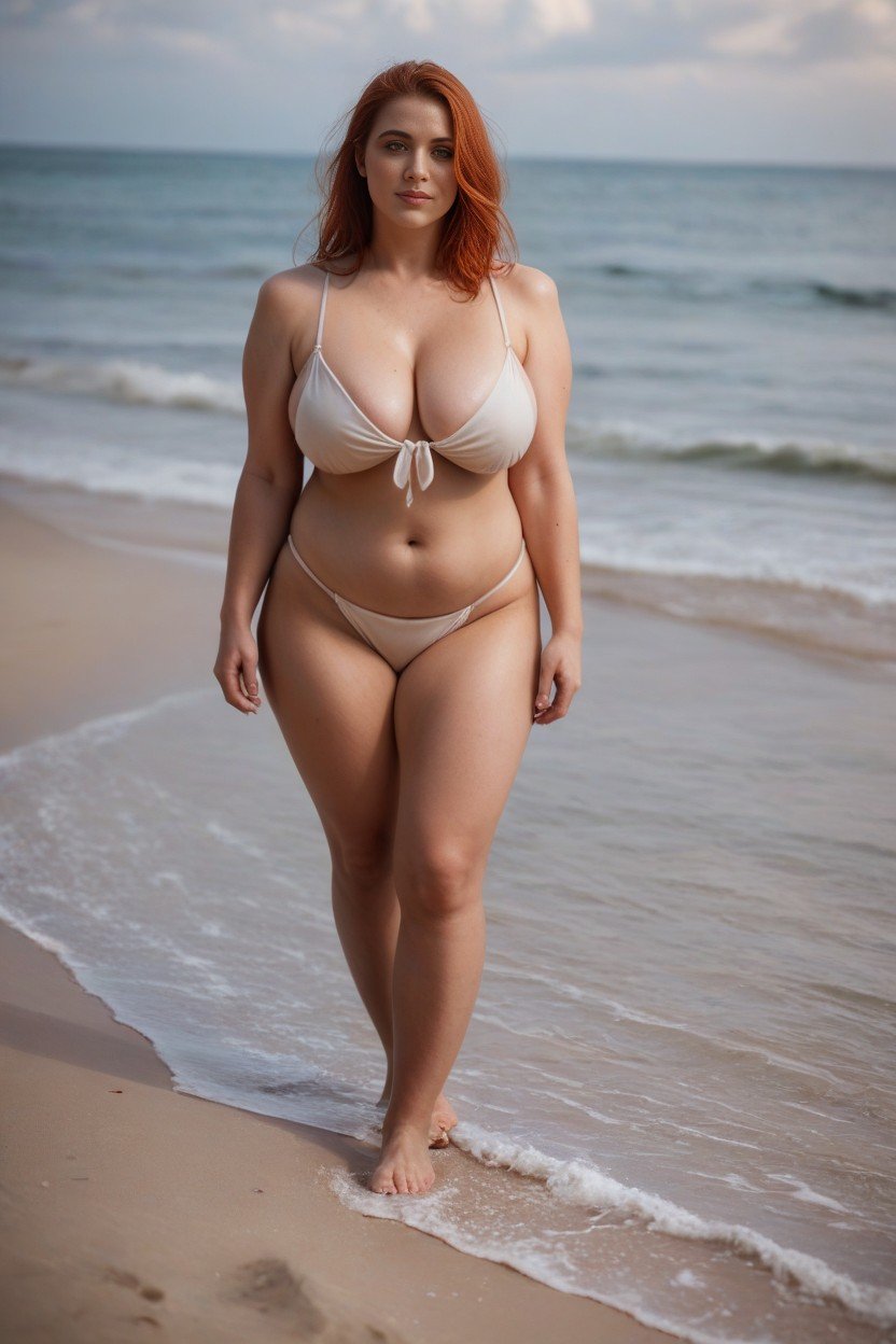 Full Body, Redhead Chubby Light Brunette With Big Saggy Breasts, Walking On The Beach Pornografia de IA