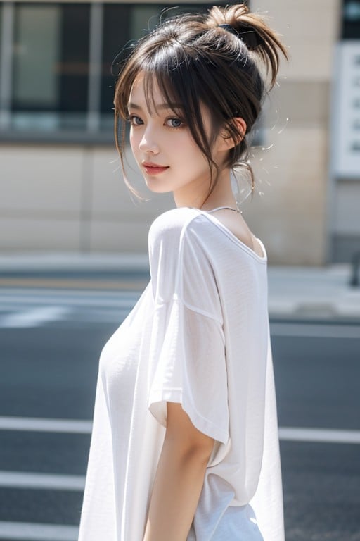 Low Ponytail, Pale Skin, 加大t恤AI黃片