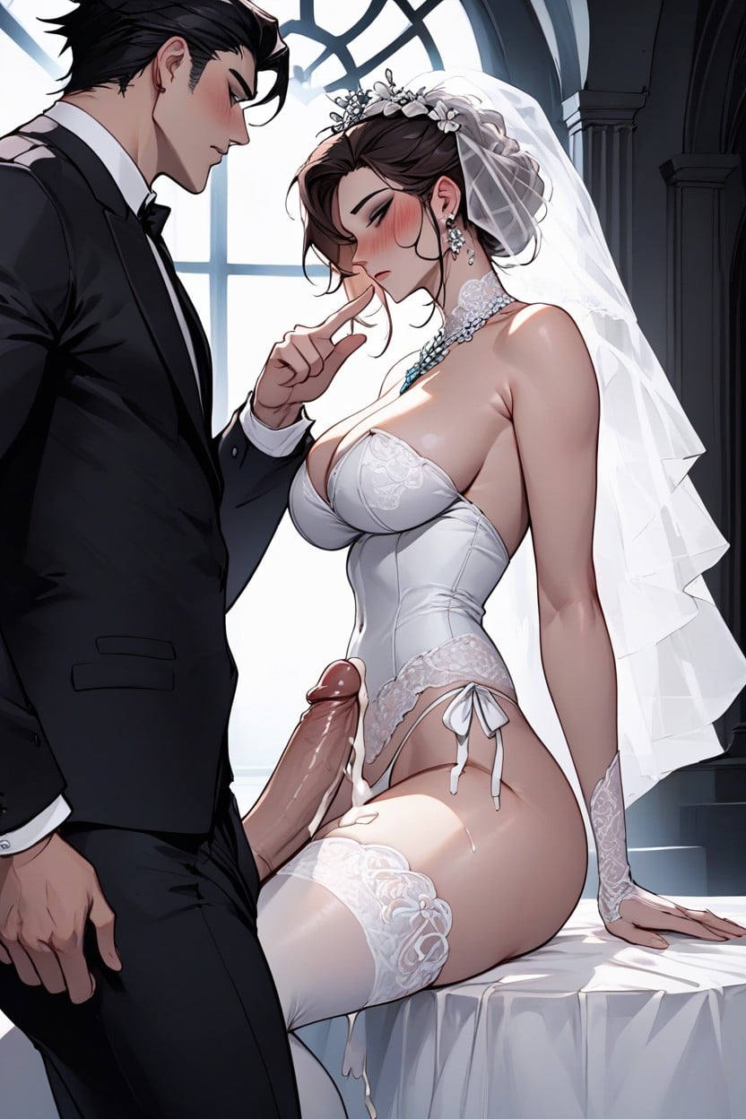 Bridal Lingerie, Small Breast, Black Cock Dripping Cum AI Porn