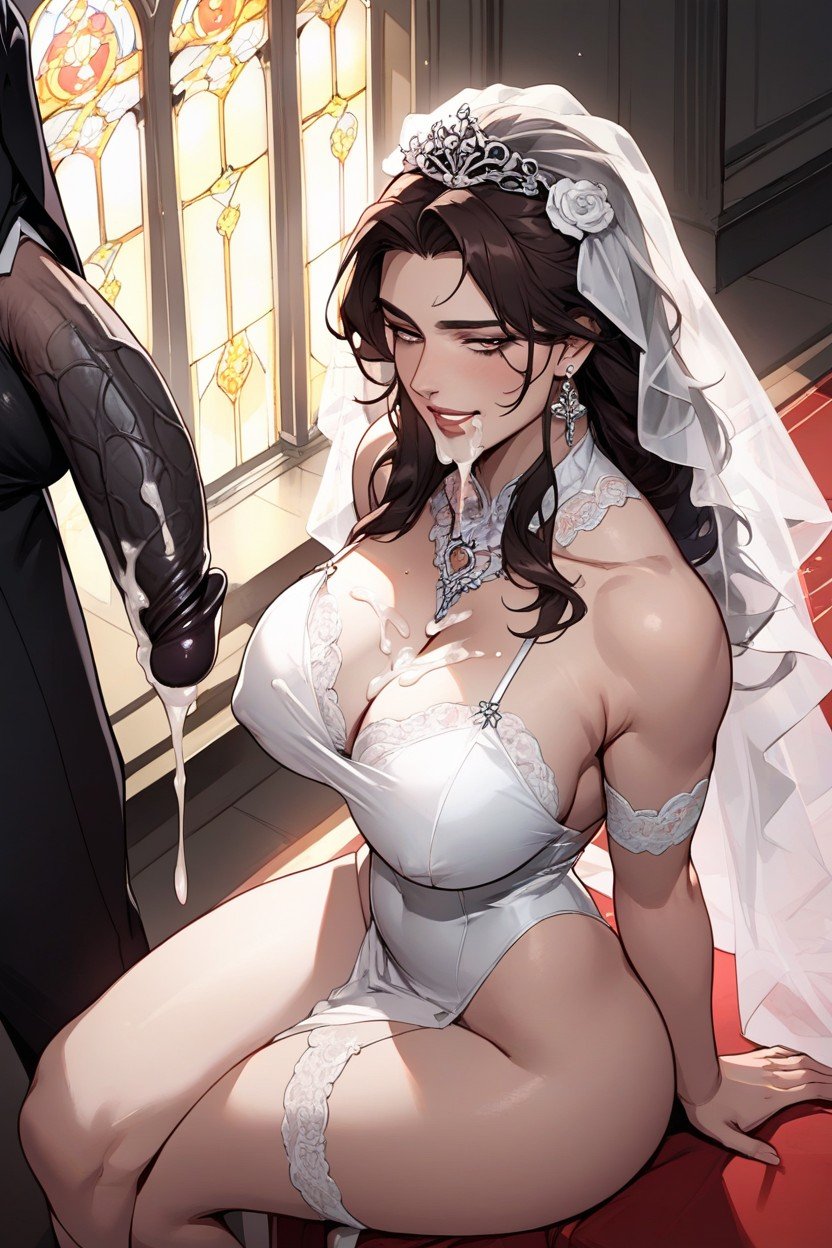 Beautiful And Seductive Bride After Sucking Black Cock, ウェディングドレス, バストショットファーリーAIポルノ