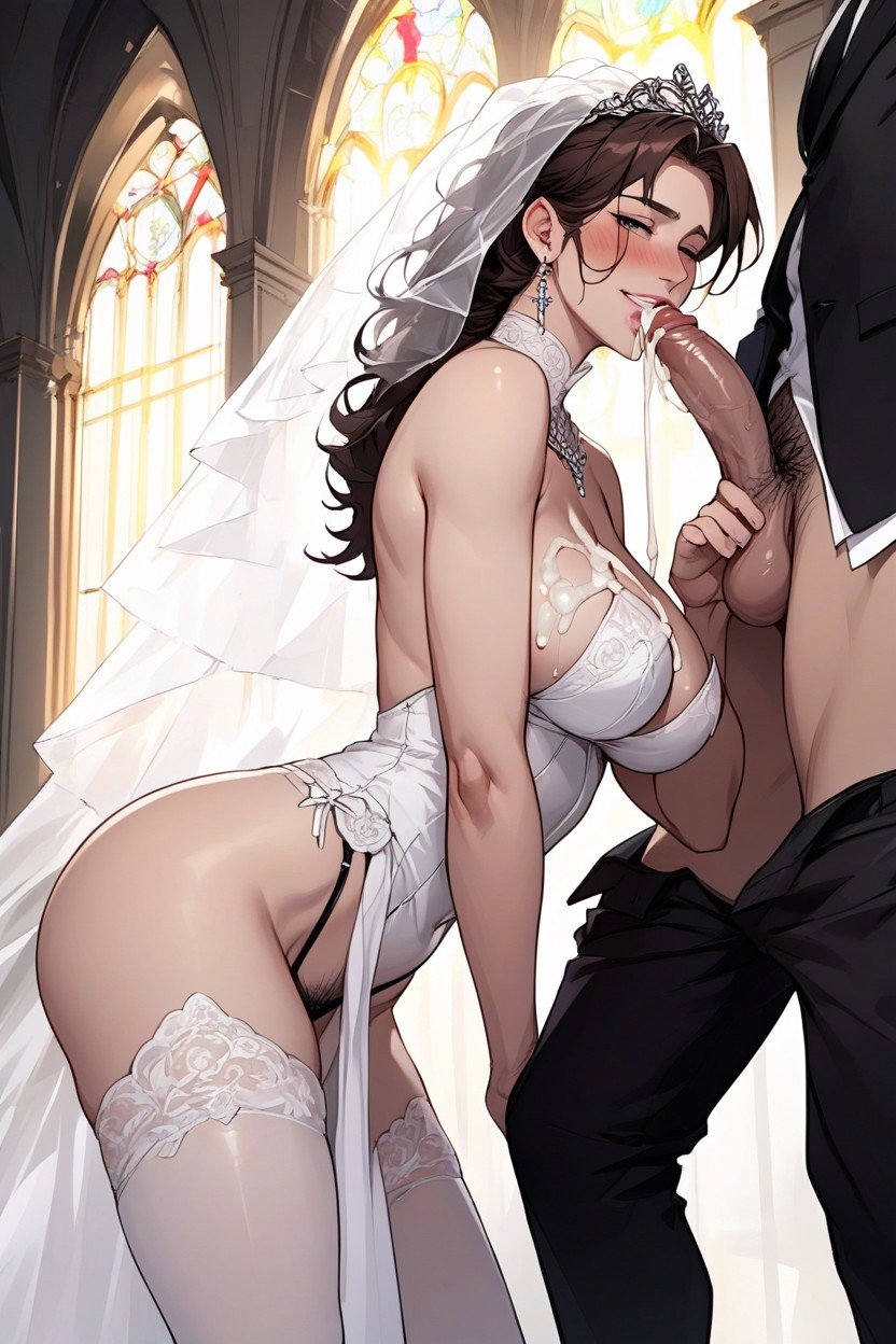 Cum All Over His Black Cock And Leg, Beautiful And Seductive Bride Standing After Sucking Black Cock, 티팬티AI 포르노