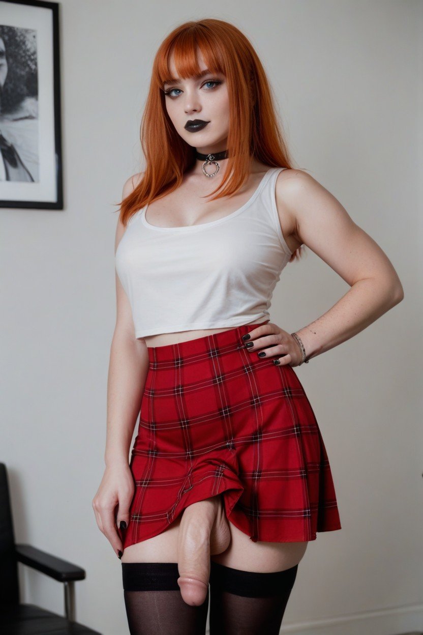 Bangs, Olhos Azuis, Red Plaid Miniskirt Travesti IA Pornô