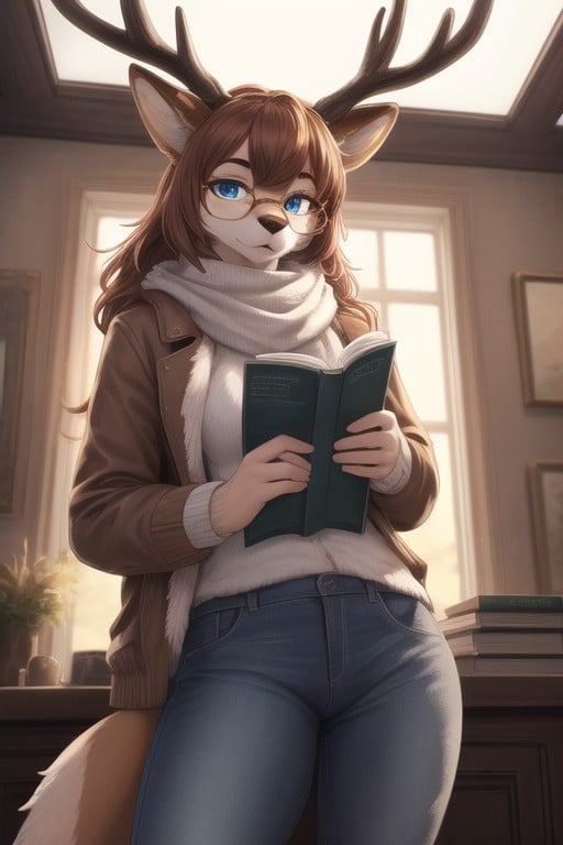 Cozy Scarf, Soft Tawny Fur, Light Brown Antlers Furry AI Porn