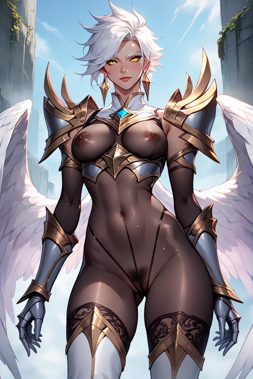 Wearing Silvery White Wings, Yellow Eyes, Translucent Bodystocking Hentai AI Porn