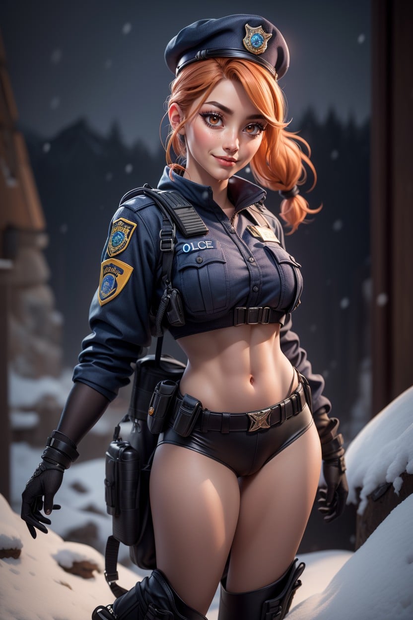 Profesional Model Hot Posing, Snowing, Police Tactical Belt Hentai AI Porn