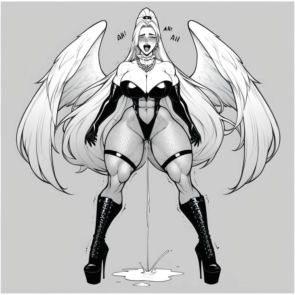 Moaning Speech Bubbles, Cleavage, Angel In Sheer Fishnet Bodystocking AI Porn