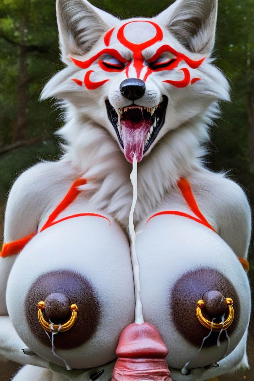 Gold Nipple Piercing, Open Mouth, A Lot Of Cum On Tongue Furry IA