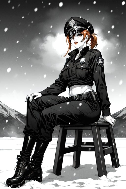 Long Red Hair With Orange Highlights In Ponytail And Braids, Muscular, Police Costume AI Porn