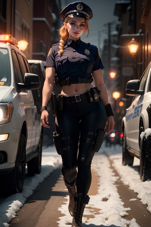 Light Tanned Skin, Police Cap, Profesional Model Erotic Posing Hentai AI Porn