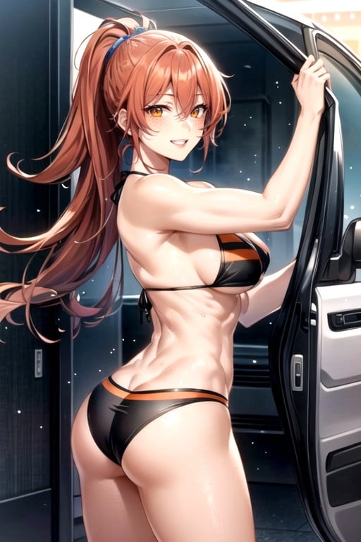 Long Red Hair With Orange Highlights In Ponytail And Braids, Washing The Police Car, Rose-color Shiny LipstickPorno IA Hentai