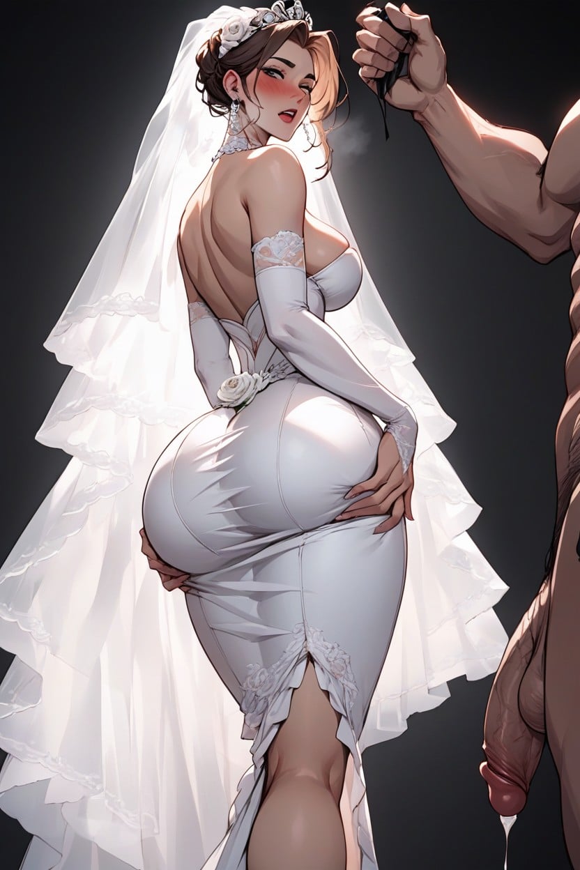 Blushing, Incredibly Beautiful Seductive Blonde Bride, Huge Exposed Glutes AI Porn