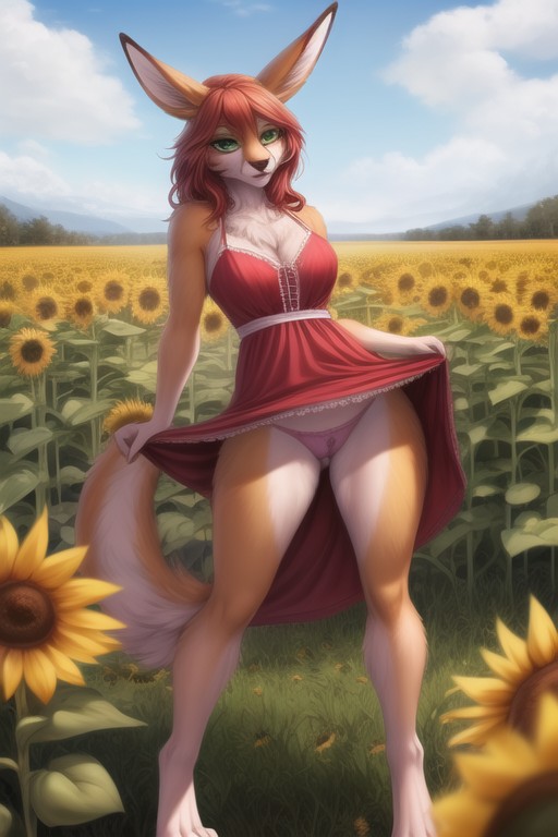 Female Kangaroo, Red Hair, Purple Sundress Фурри AI порно