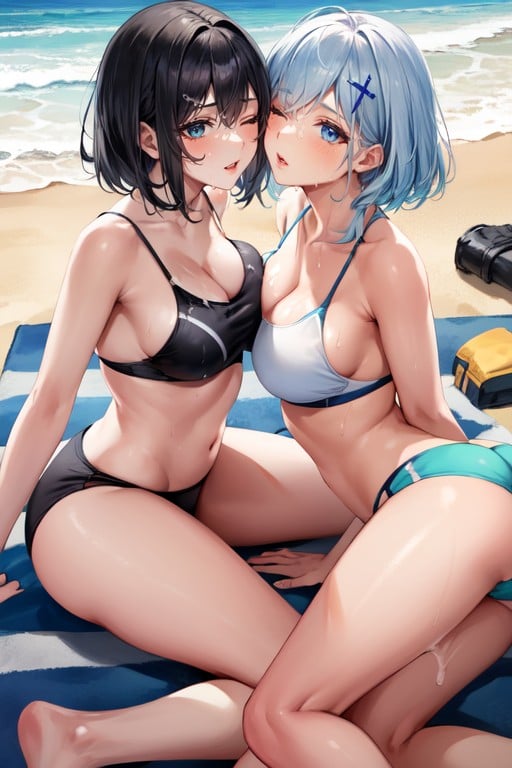 Wearing Gym Shorts And A Bikini The Second Woman Has White Hair, Medium Breasts, 横たわるAIポルノ