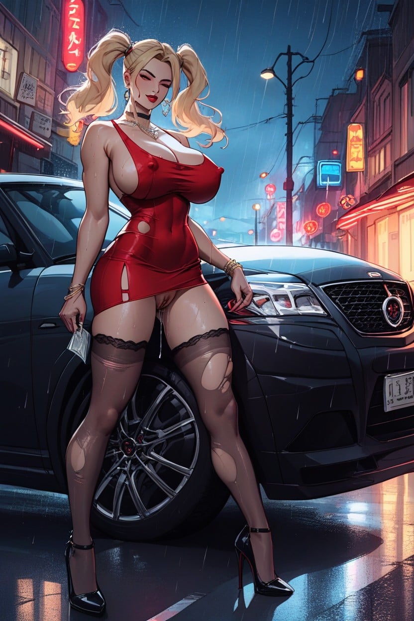 Blonde, One Street Lamp, Tight Red Dress AI Porn