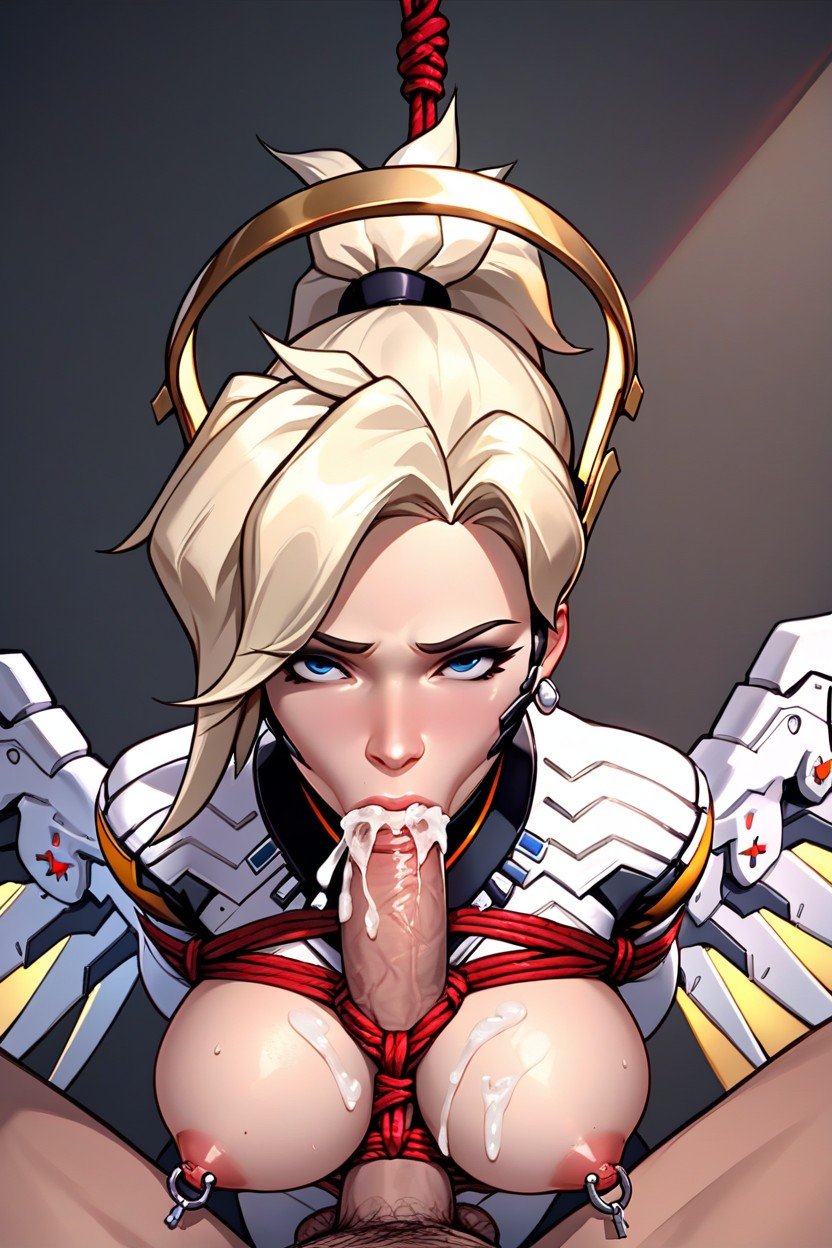 Full Mercy Overwatch Costume, Cum On Breast, Nipple PiercingPorno AI