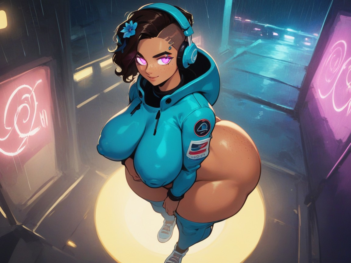 Grinning, Wearing Blue Snakeskin Sci Fi Clothes, Natural Breast Hentai AI Porn