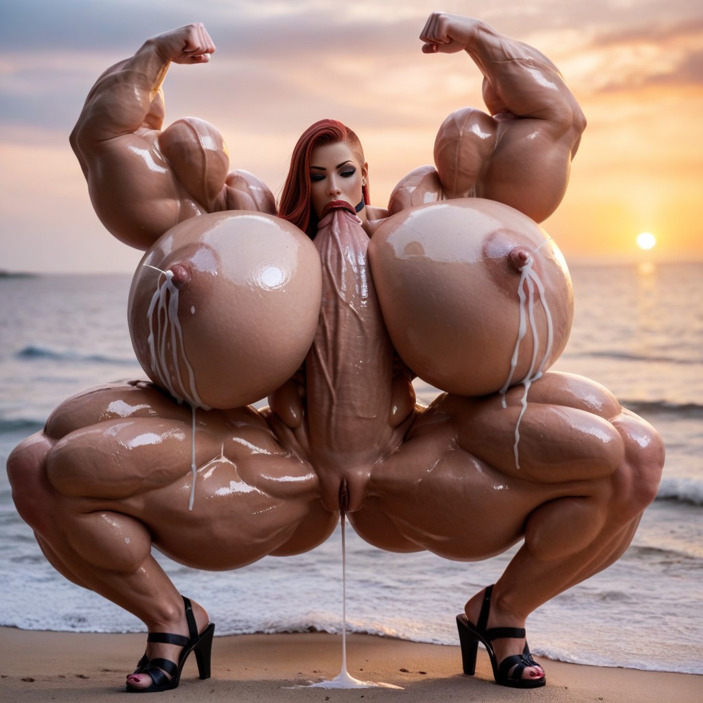 Extremely Wide Thigh Gap, Ultra Busty, Open Toe Stilettos AI Porn