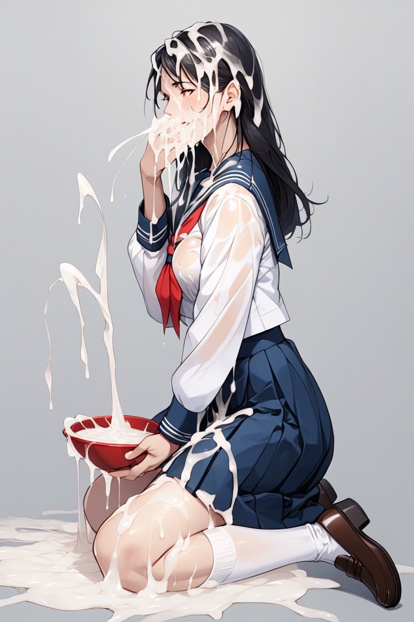 Kneeling, Side View, Excessive Cum On Clothing AI Porn
