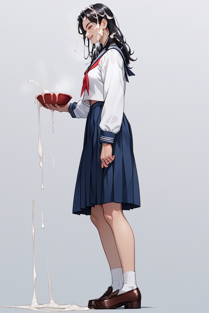 站立, Dark Blue School Skirt, Cum Full Of The BowlAI獸人黃片