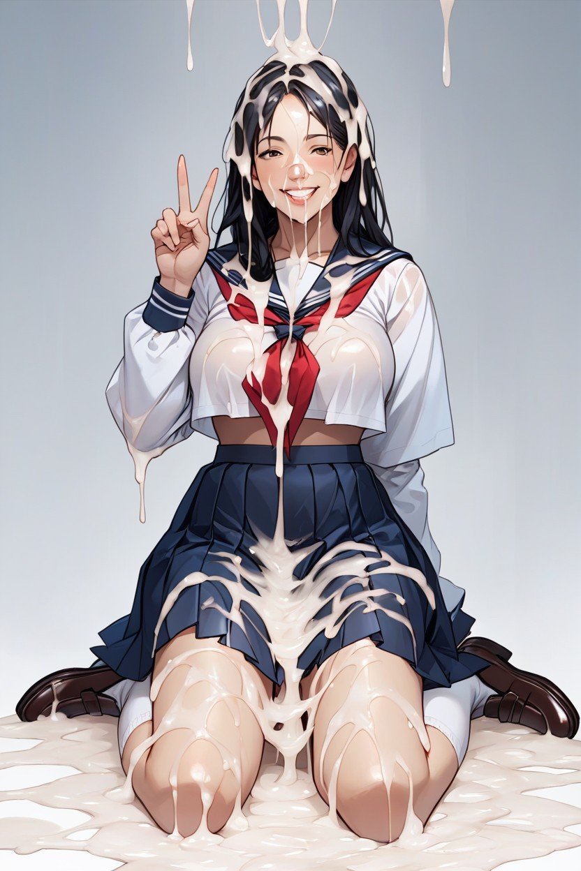 White Socks, Dark Blue School Skirt, Excessive Cum Drips On The Face AI Porn