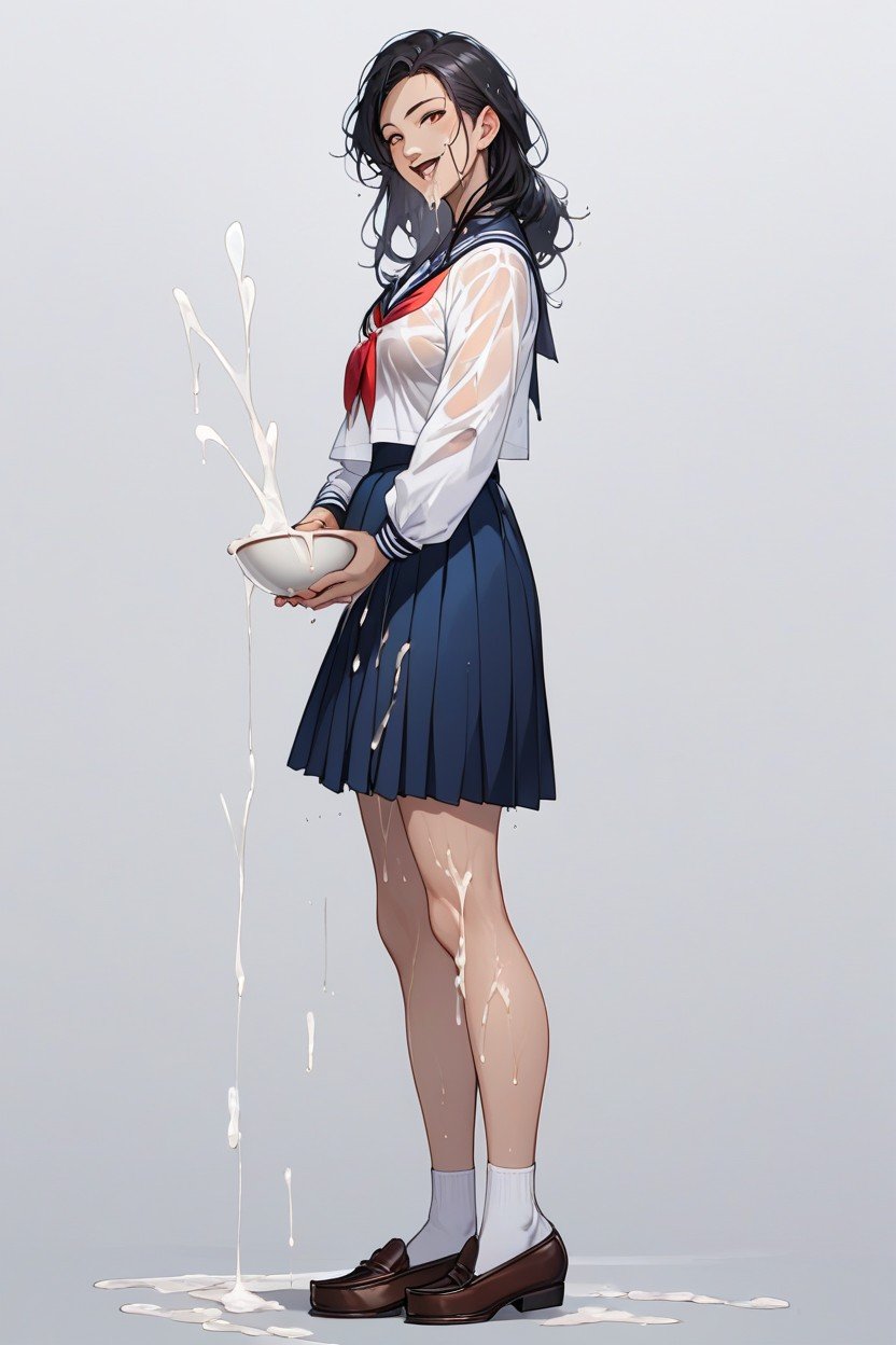 Dark Blue School Skirt, Holding A Bowl In Hand, Simple Background AI Porn