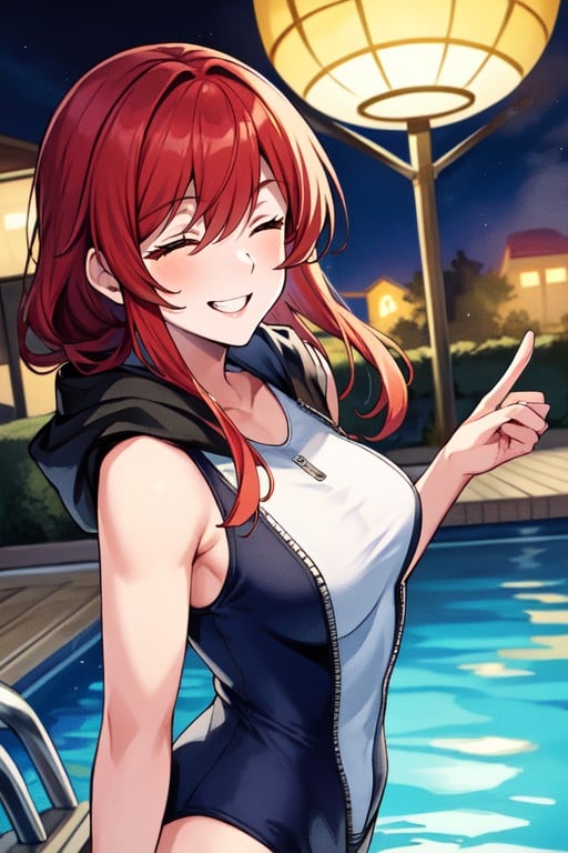 Brightly Lit Pool, Mute Half Japanese Lass, Bright Red HairAIポルノ