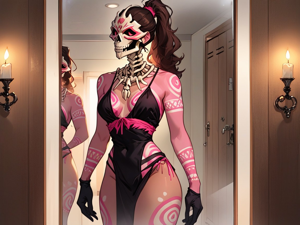 Tribal Woman, Skeleton Eye Mask, Pink Fur Coat AI Porn