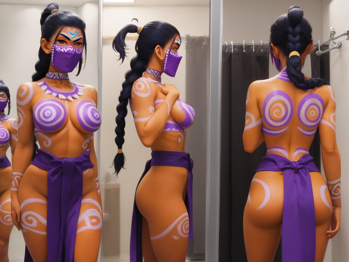 Mirror In Background, Snatched Waist, Purple Tribal Body Paint Hentai AI Porn