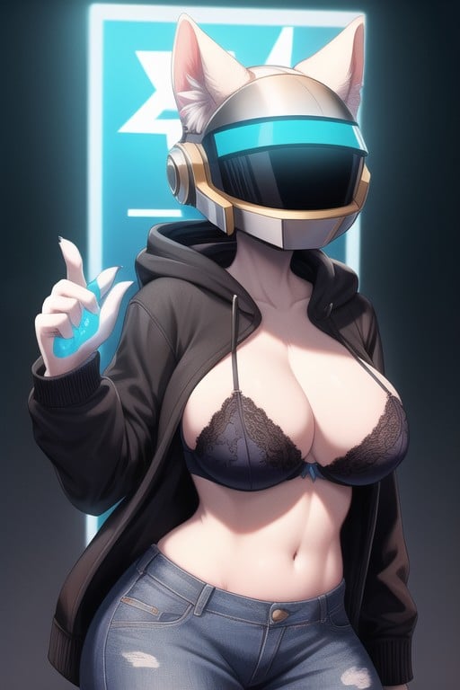 She Wears A Helmet Style Daft Punk On Her Head With A Screen On Which Her Face Is Displayed, No Bra Flash Tits, It Is Blue Her Paw Pads Are Blue And Glow Her Breasts Are Natural She Wears A Black Hoodie And Jeans In The Picture She Raised Her Chest So That Her Breasts In A Transparent Bra Were Visible Furry AI Porn