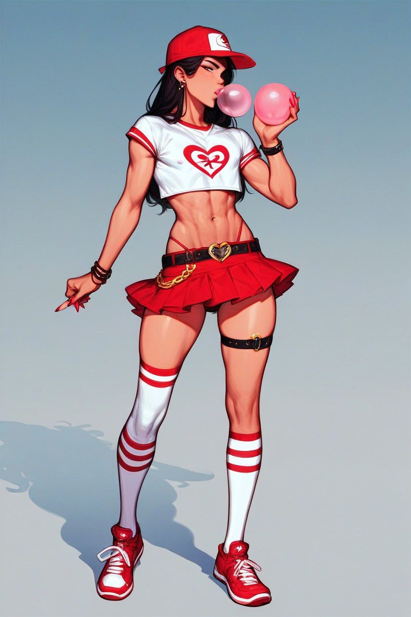 One Character Chewing Pink Bubblegum Blowing Bubble, Art By Tekuho, Crossdressing Shemale Wearing Cap+croptop+belt+microskirt+thigh High Socks+red Jogging Shoes+thong Pulled Up To WaistAI 포르노