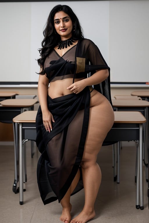 Thick Juicy Curvy Calves, Black Transparent Sari, Tesão Pornografia de IA