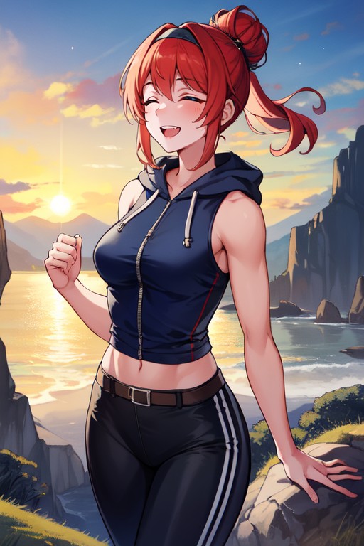 Chaqueta, Genuine Smile, Wearing A Sleeveless Blue HoodiePorno AI